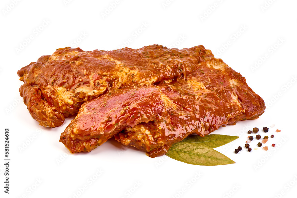 Spicy marinated ribs, BBQ, meat for grill, isolated on white background. Spicy marinated ribs, BBQ, meat for grill, isolated on white background.