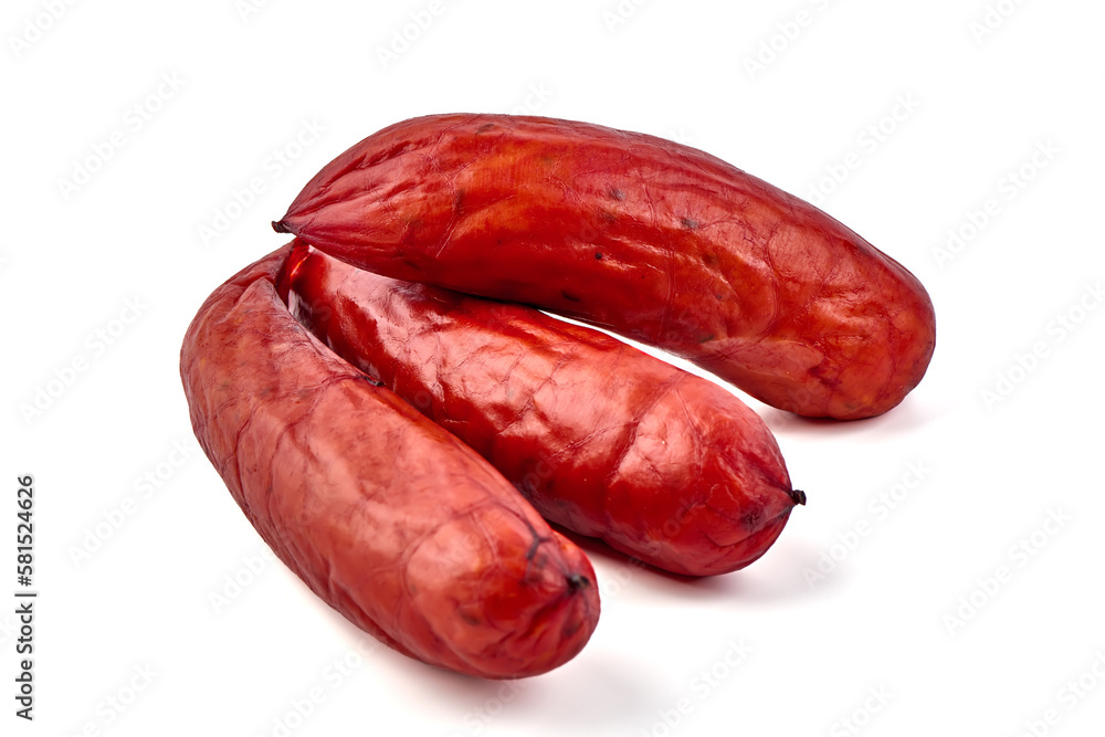Smoked Pork sausages, close-up, isolated on white background. Smoked Pork sausages, close-up, isolated on white background.