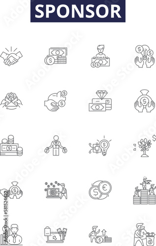 Sponsor line vector icons and signs. Financer, Promoter, Funder, Endorser, Underwriter, Backer, Guarantor, Patron outline vector illustration set