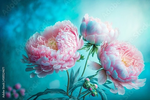 Fototapeta Naklejka Na Ścianę i Meble -  beaful wallpaper delicate pink peonies on blurred blue background, created with generative ai