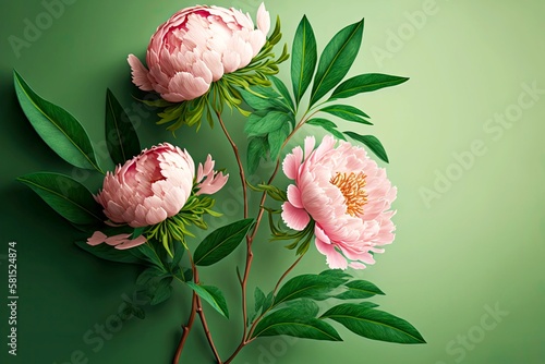 Fototapeta Naklejka Na Ścianę i Meble -  branch of pink delicate peonies without leaves on green background, created with generative ai