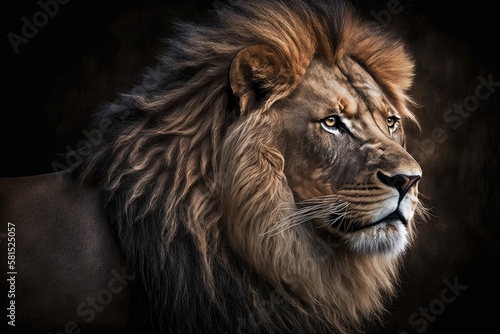 a picture of a large, gorgeous male African lion against a dark background. Generative AI