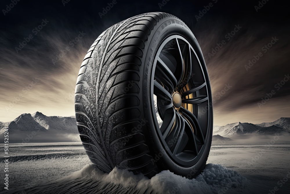 Weather tire running in the snow. Road safety in winter. Generative AI