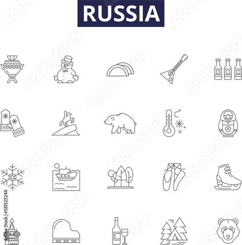 Russia line vector icons and signs. Moscow, USSR, Kremlin, Sputnik, Czarist, cold war, Siberia, Soviet outline vector illustration set