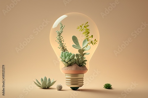 Minimalist image of a light bulb with beautiful plants inside to use as decoration on a colorful background. Generative AI