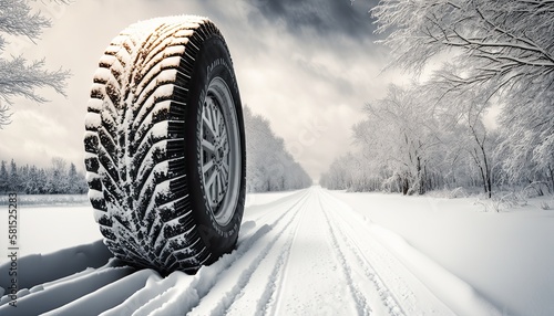 Weather tire running in the snow. Road safety in winter. Generative AI © Gelpi