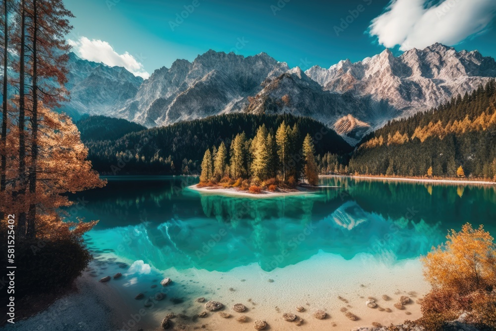 Beautiful autumn scenery with Eibsee Lake and the Zugspitze summit in the sunlight. Location Garmisch Partenkirchen, the Bavarian Alps, Germany, Europe, Eibsee Lake. Generative AI
