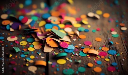  a wooden table topped with lots of colorful confetti and confetti cones on top of it s wooden tablecloth covered in multicolored confetti.  generative ai