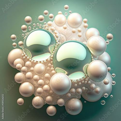 Beautiful group of shiny pearls on soft background with sparkles and light beams. Generative AI illustration.