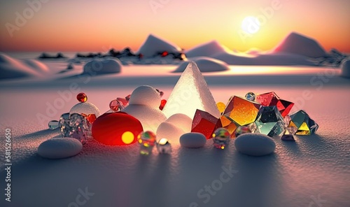  a group of glass ornaments sitting on top of a snow covered ground next to a sun setting in the distance behind a snowy mountain covered in snow.  generative ai