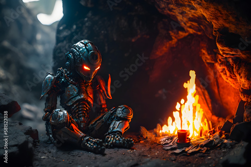 Alone humanoid robot warming themselves by a fire on a desert island in a cave. The concept of technology survival in difficult conditions of natural selection. Generative AI