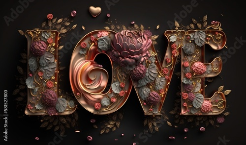  the word love is made up of flowers and leaves, with a heart in the middle of the letters, and a rose in the middle of the letters. generative ai