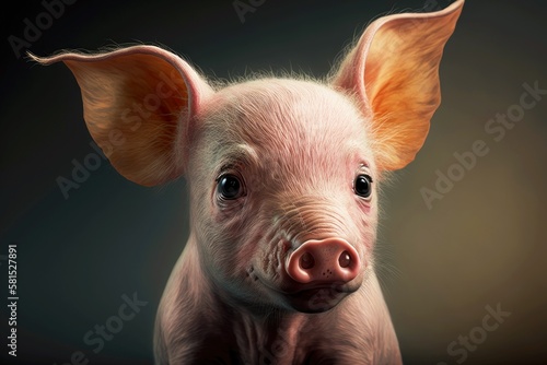 pink piglet with large ears on gray background, created with generative ai