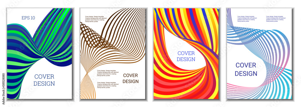 A set of 4 abstract covers. Wavy parallel gradient lines, ribbons evolve. Cover design, background. Trendy banner, poster. A set of 4 abstract covers. Wavy parallel gradient lines, ribbons evolve. Cover design, background. Trendy banner, poster.
