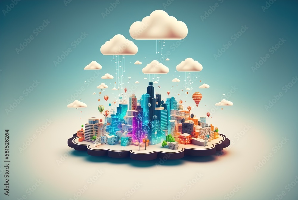 Smart city wireless internet communication. Cloud computing concept.  AI
