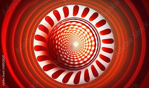  a red and white circular object with a light at the end of the center of the image and a red and white circle at the end of the image.  generative ai