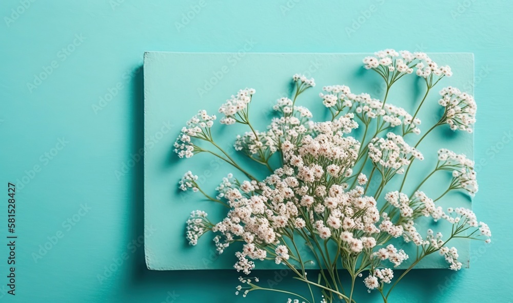 a bouquet of flowers sitting on top of a blue surface next to a blue square frame on the wall of a blue room with a turquoise background. generative ai a bouquet of flowers sitting on top of a blue surface next to a blue square frame on the wall of a blue room with a turquoise background. generative ai