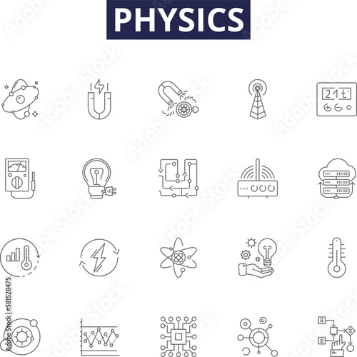 Physics line vector icons and signs. Force, Energy, Mass, Waves, Particles, Momentum, Heat, Light outline vector illustration set