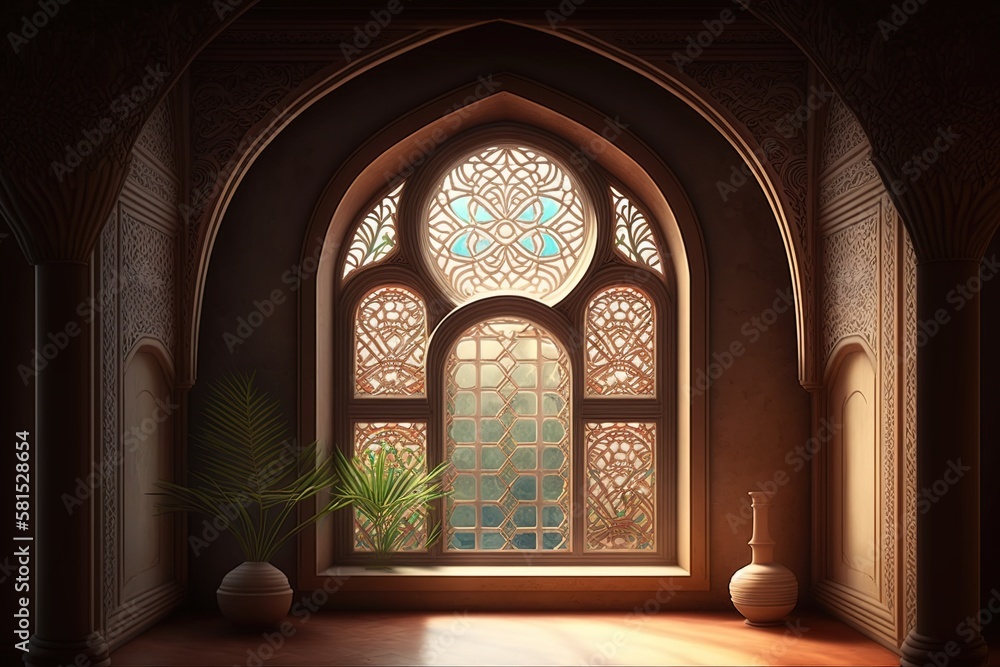 Arabic palace interior. Eastern architectural window. AI