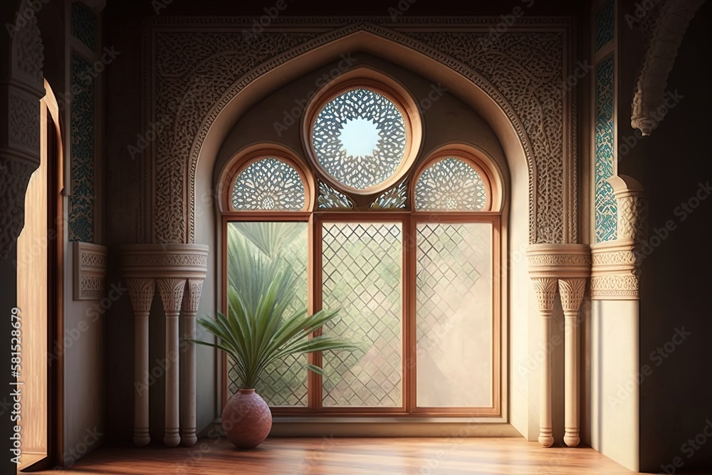 Arabic palace interior. Eastern architectural window. AI