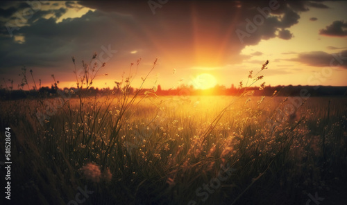  the sun is setting over a field of tall grass and weeds in the foreground, with the sun shining through the clouds in the distance.  generative ai