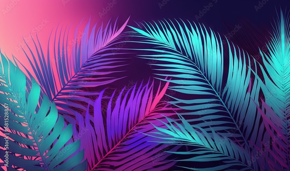 a close up of a palm tree leaves on a pink and blue background with a pink and blue sky in the background and a pink and blue palm leaf in the foreground. generative ai a close up of a palm tree leaves on a pink and blue background with a pink and blue sky in the background and a pink and blue palm leaf in the foreground. generative ai