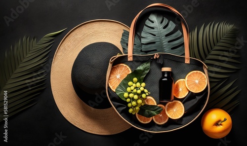  a straw hat, oranges, and a bottle of wine on a black background with palm leaves and palm fronds around it. generative ai
