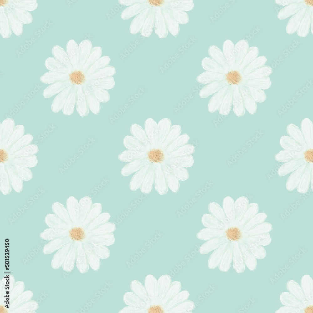 Daisy Flower Mint Background seamless floral pattern for wrapping paper, wallpapers, decor, fabric, textile and other