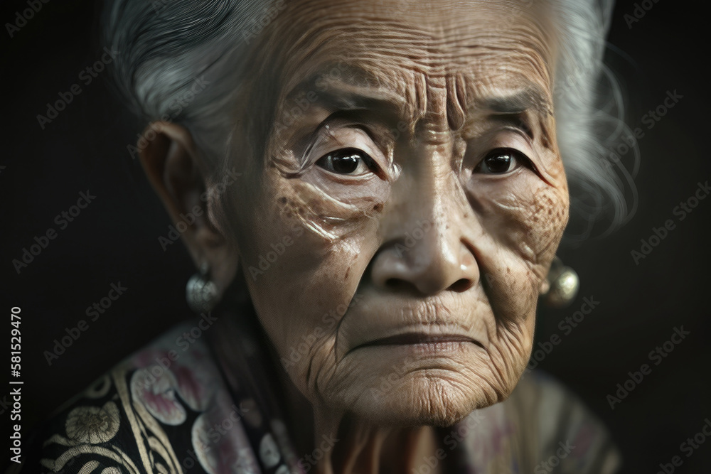 Classic portrait of an Asian elderly woman on dark background. Created with Generative AI