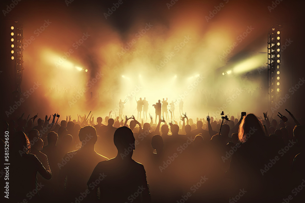 Silhouettes of people in front of concert stage, crowd of fans enjoying performance of musical group. Entertainment of people. Created with Generative AI