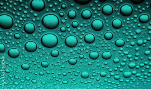  a close up view of water bubbles on a green surface with a black background. generative ai