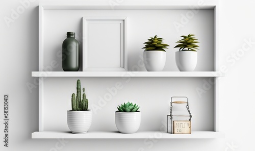  three white shelves with plants and a picture frame on top of one of the shelves is a clock and a bottle of wine on the other shelf.  generative ai © Nadia