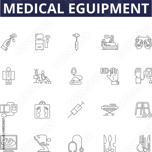 Medical eguipment line vector icons and signs. Equipment, Stethoscope, X-ray, MRI, Diagnostic, Thermometer, ECG, Syringe outline vector illustration set