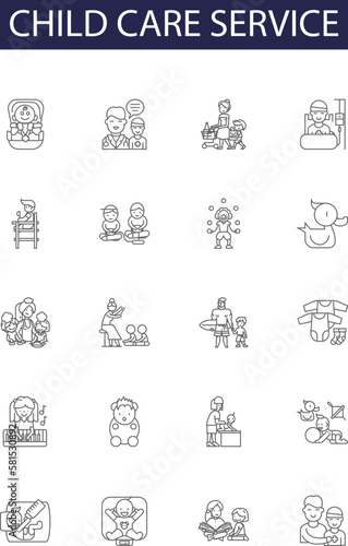 Child care service line vector icons and signs. service, child, help, kid, health, support, children,family outline vector illustration set