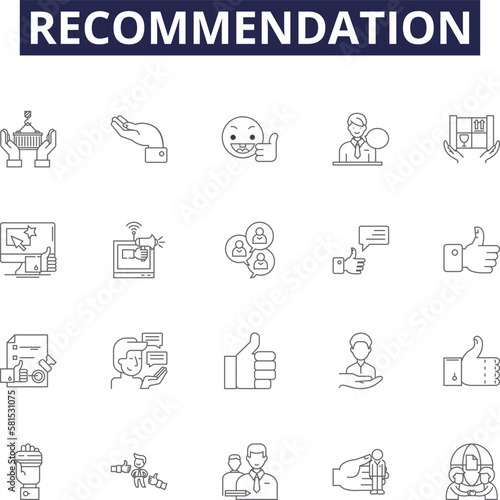 Recommendation line vector icons and signs. Endorsement, Proposition, Proposal, Referral, Counsel, Prescription, Directive, Reminder outline vector illustration set