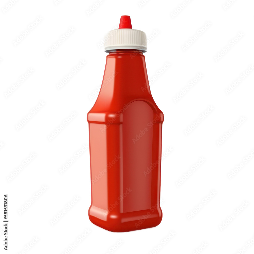 Red ketchup squeeze plastic bottle container with no label. Isolated. White transparent background, PNG, generative ai Red ketchup squeeze plastic bottle container with no label. Isolated. White transparent background, PNG, generative ai