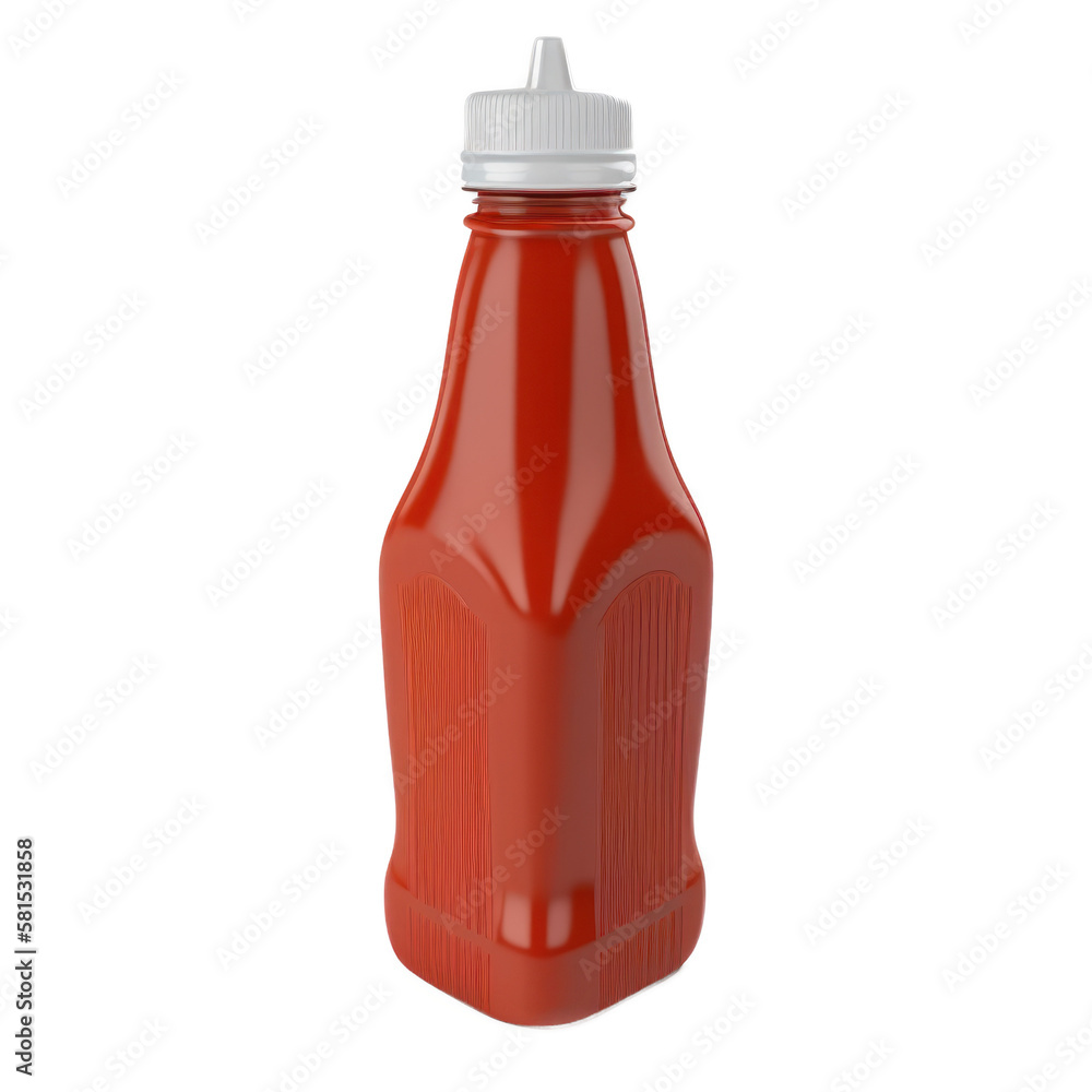 Red ketchup squeeze plastic bottle container with no label. Isolated. White transparent background, PNG, generative ai Red ketchup squeeze plastic bottle container with no label. Isolated. White transparent background, PNG, generative ai