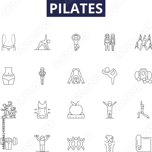Pilates line vector icons and signs. Reformer, Mat, Contrology, Balance, Core, Body, Flexibility, Stretching outline vector illustration set