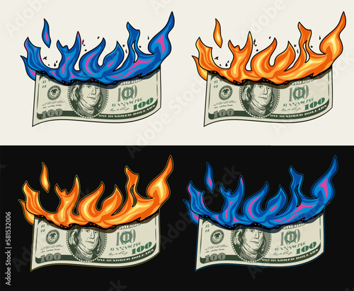 Burning 100 dollar bill. Concept of depreciation of money, inflation, disappearance of savings. Detailed vector illustration on dark, white background in vintage style.