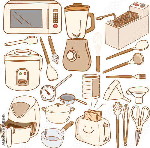 set of kitchenware with pastel and doodle style