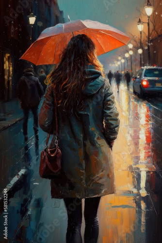 A girl under an orange umbrella walks down the street in the evening, created with Generative AI technology.
