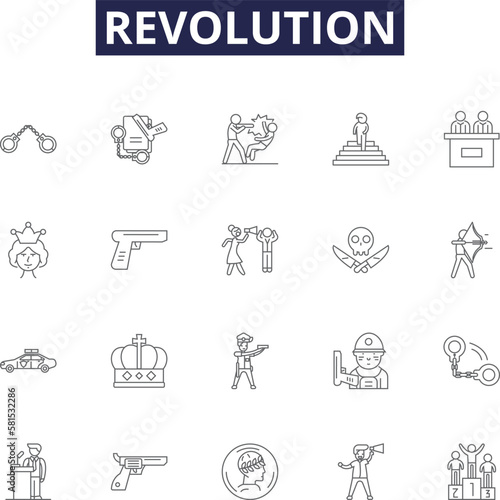 Revolution line vector icons and signs. Rebellion, Overthrow, Change, Alteration, Revolt, Metamorphosis, Renewal, Conversion outline vector illustration set