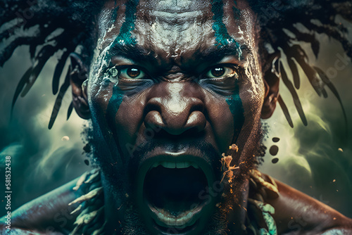 African American male screaming with a menacing look, opening his mouth face close-up, expressive look with blue eyes. Generative AI