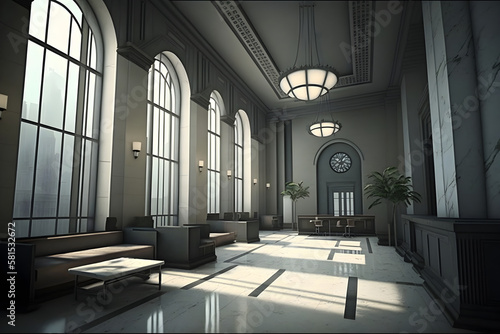 Majestic interior of modern bank. Large bright hall. Generative AI