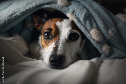 A young Jack Russell Terrier dog under a blanket. The pet is basking under the plaid. The concept of caring for pets. Generative AI.