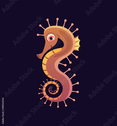 Cute underwater animal. Gradient sticker or poster with funny seahorse with twisted tail. Seafood or ocean dweller. Marine life. Cartoon flat vector illustration isolated on dark background