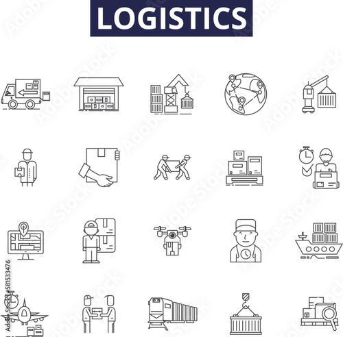 Logistics line vector icons and signs. Logistics, Delivery, Freight, Transport, Fleet, Warehousing, Supply, Packaging outline vector illustration set photo
