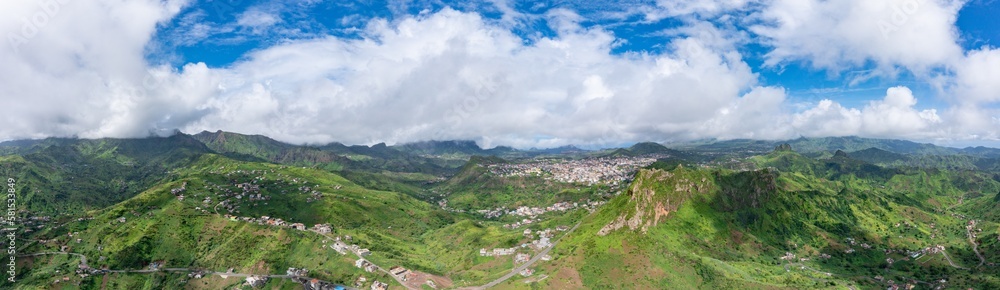 Mountainous green Santiago Island landscape in rain season in Cape Verde