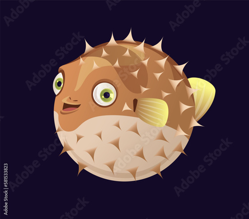 Cute underwater animal. Gradient sticker with bloated prickly pufferfish. Unusual sea or ocean fish. Funny sea dweller character. Cartoon flat vector illustration isolated on dark background