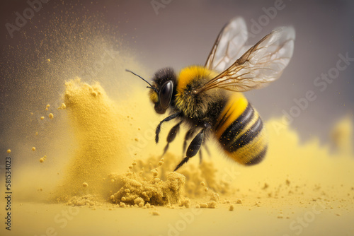 Close up of a bumble bee with yellow flower pollen explosion. Generative ai © ink drop